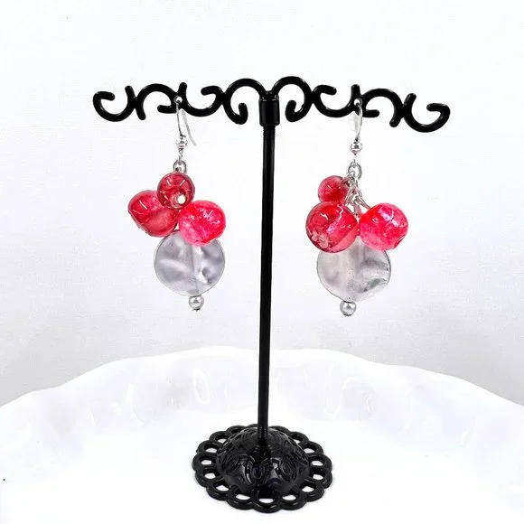 NWT - Charming Charlie - Coral Glass Beaded Disk Dangle Silver Tone Earrings - Picture 3 of 7